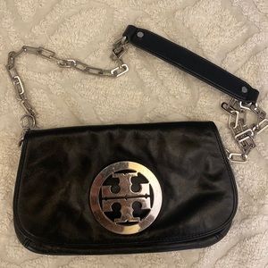 Tory Burch, black/silver, crossbody purse/clutch with detachable chain strap